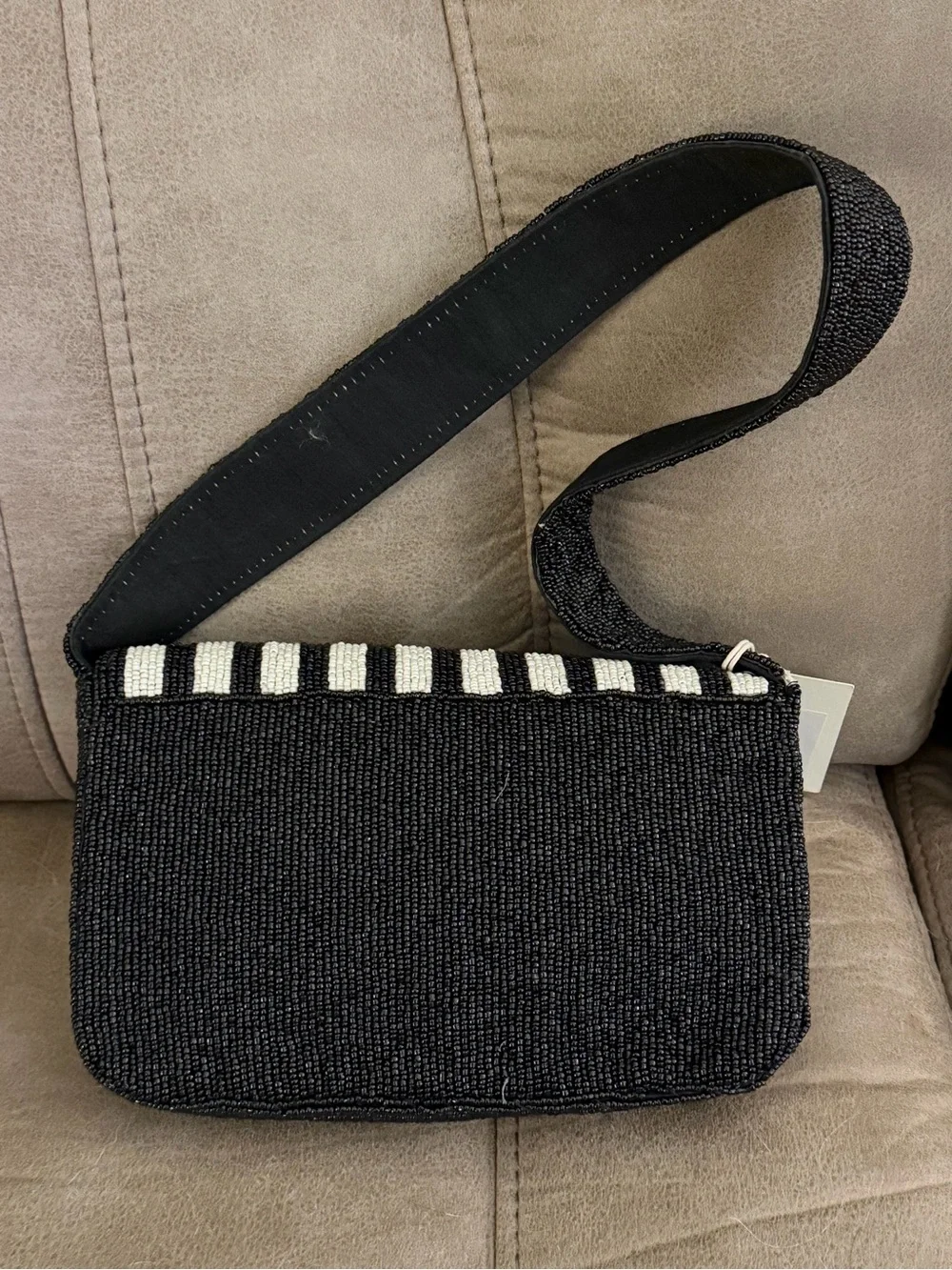Beaded Black & White Stripe Shoulder Bag with French Bulldog Motif